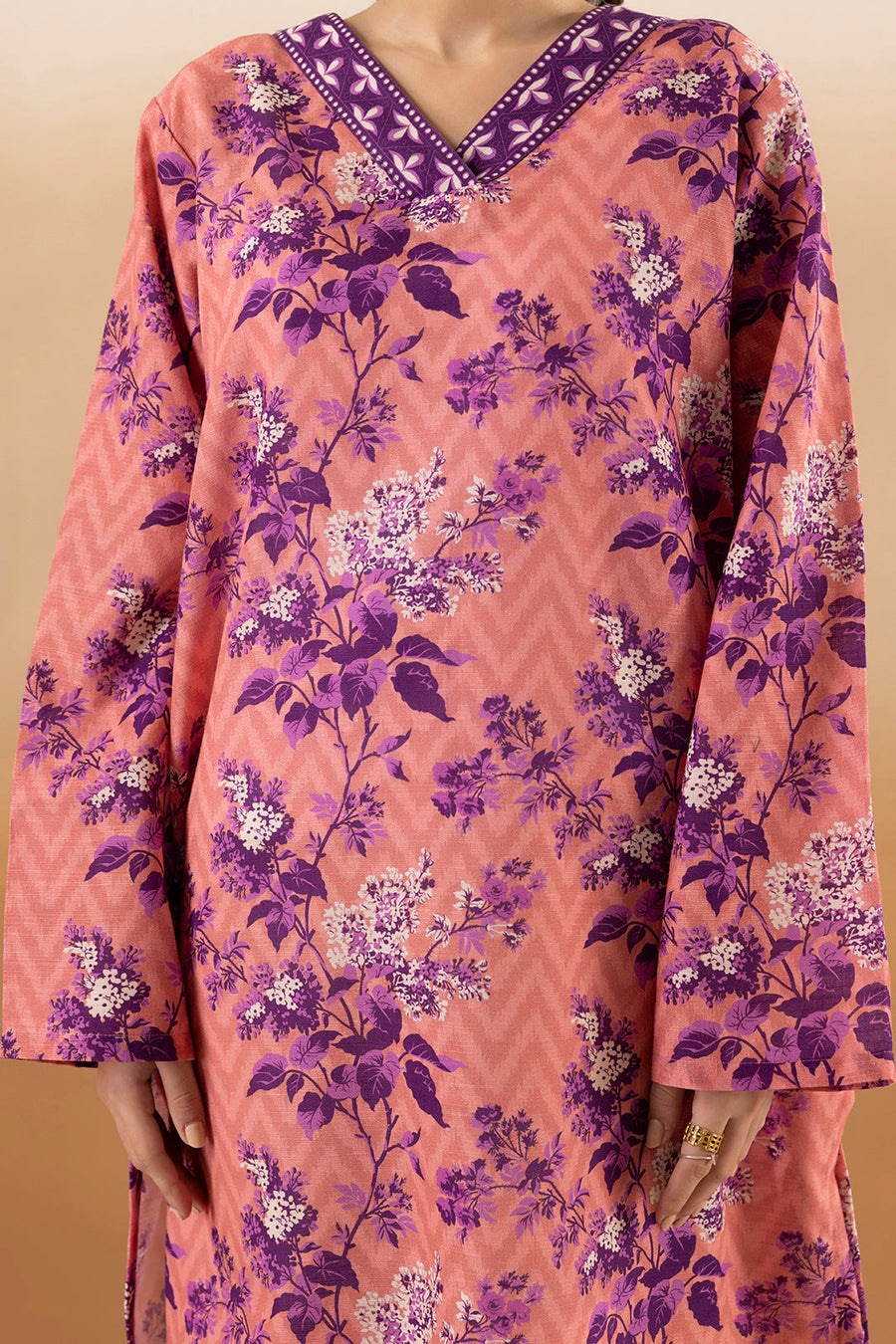 Tea Pink Khaddar 1-Piece Kurta | Floral Print