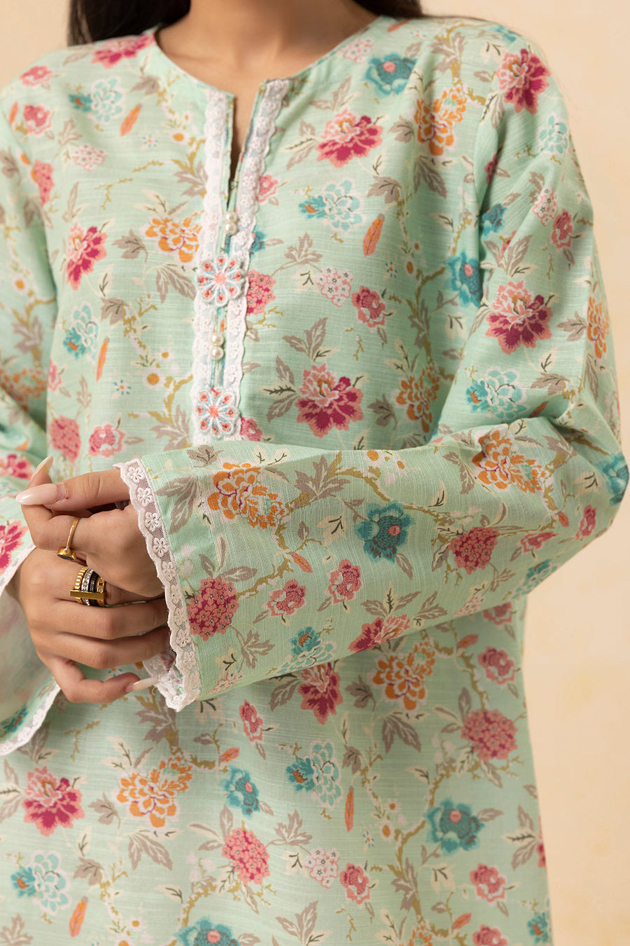 Sage Cotton 2-Piece Kurta Set | Floral Print Lace Trim