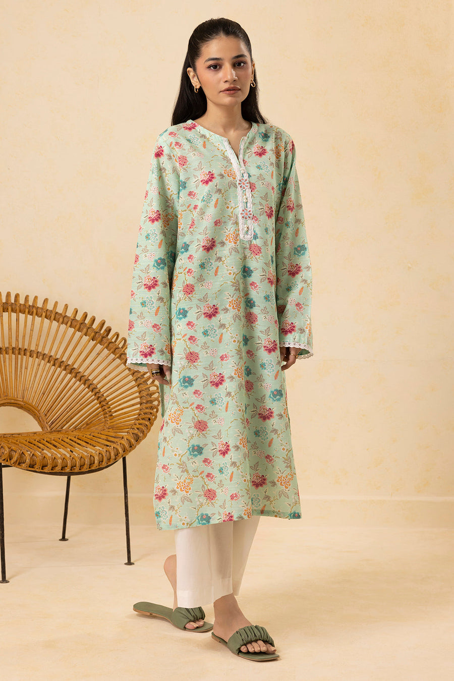 Sage Cotton 2-Piece Kurta Set | Floral Print Lace Trim