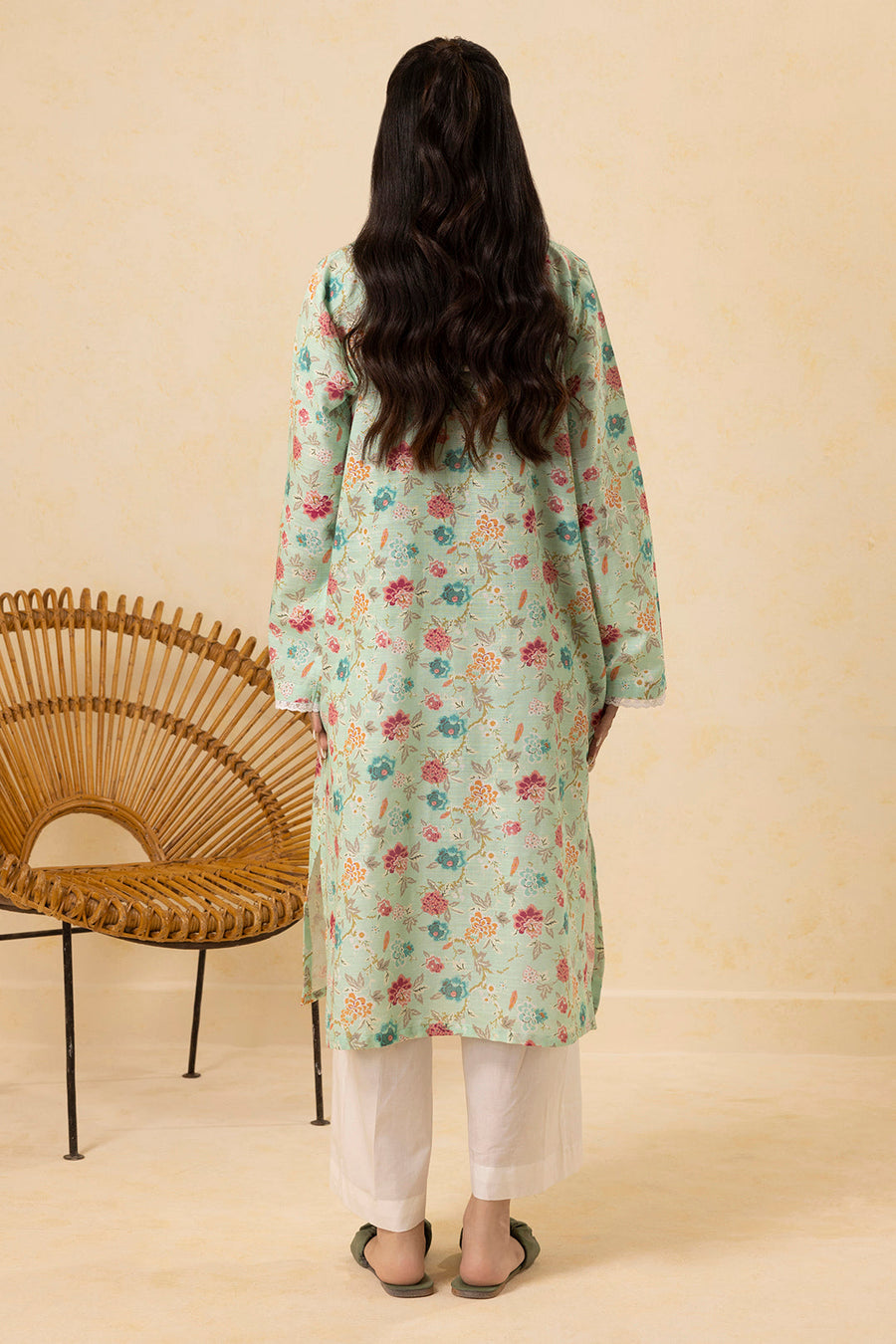Sage Cotton 2-Piece Kurta Set | Floral Print Lace Trim