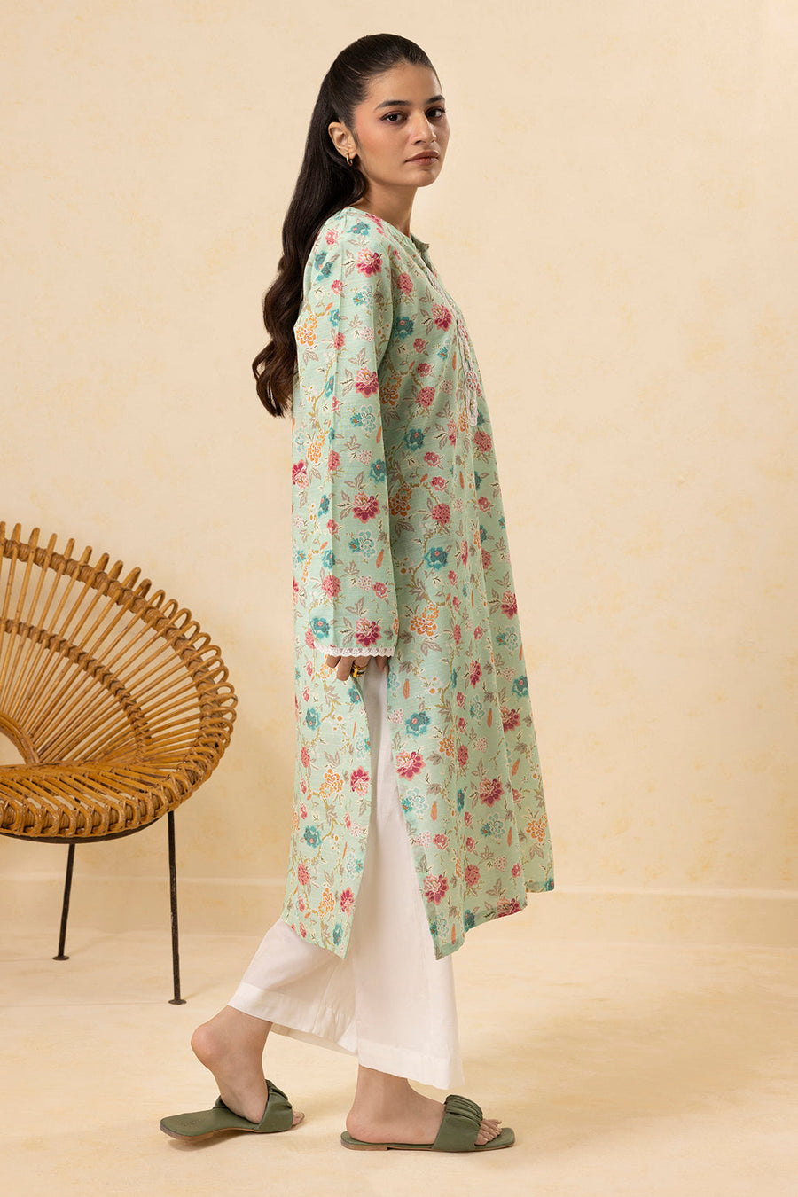 Sage Cotton 2-Piece Kurta Set | Floral Print Lace Trim