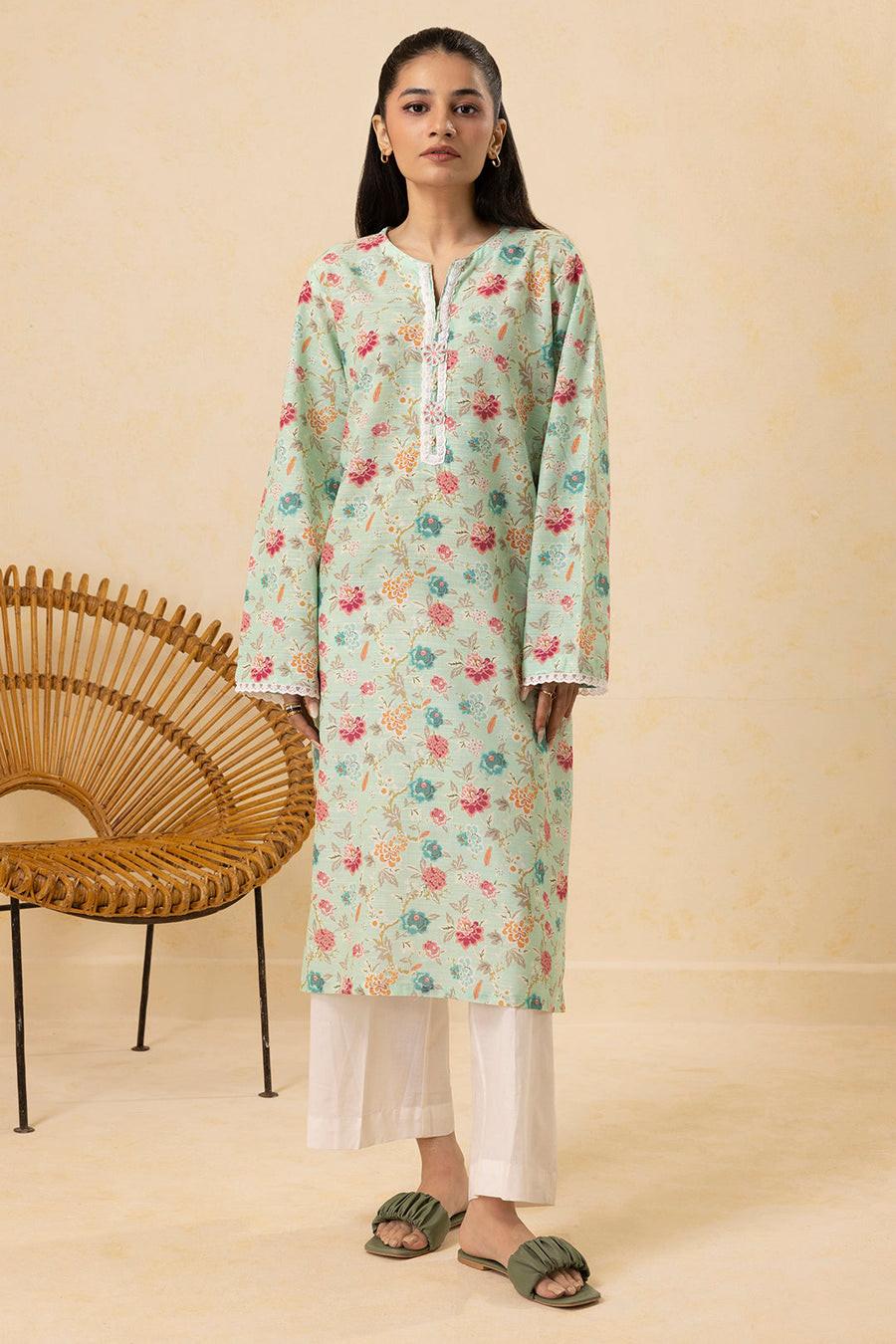 Sage Cotton 2-Piece Kurta Set | Floral Print Lace Trim
