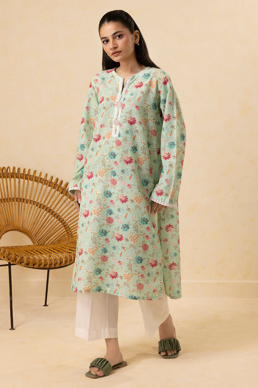 Sage Cotton 2-Piece Kurta Set | Floral Print Lace Trim