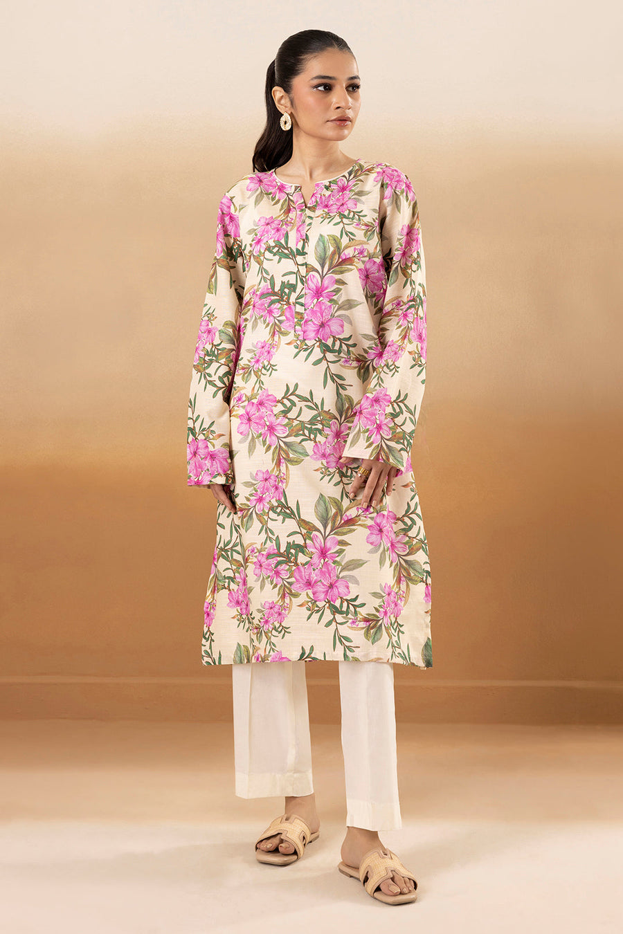 Ivory Khaddar 1-Piece Kurta | Floral Print with Keyhole Neckline