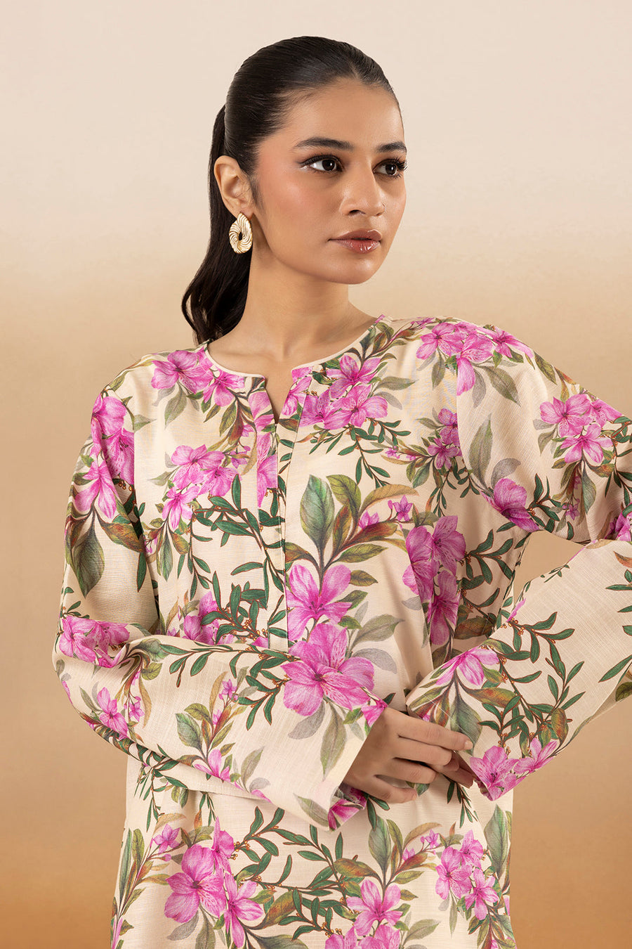Ivory Khaddar kurta with magenta, sage, and brown floral print, keyhole neckline, long sleeves
