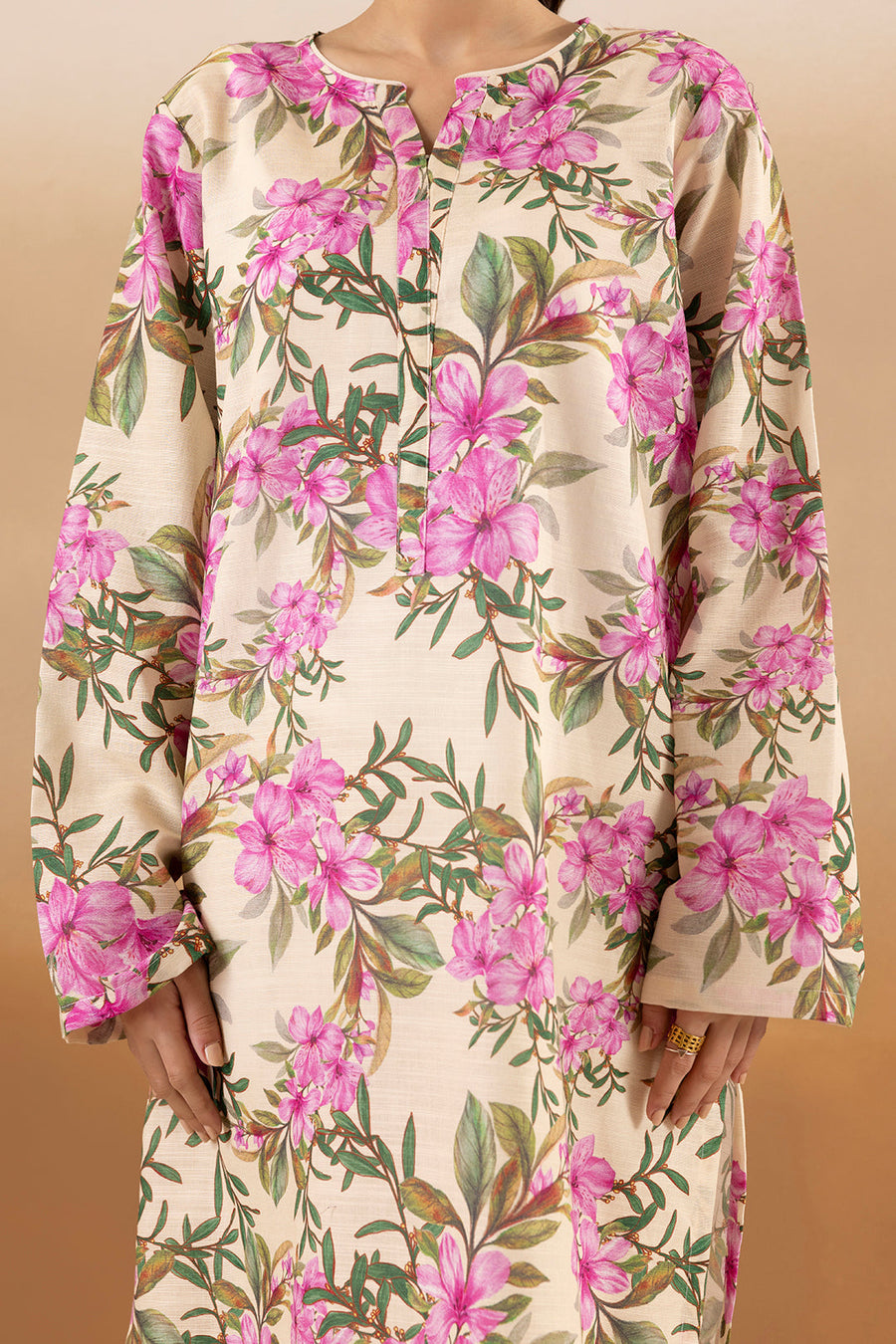 Ivory Khaddar 1-Piece Kurta | Floral Print with Keyhole Neckline