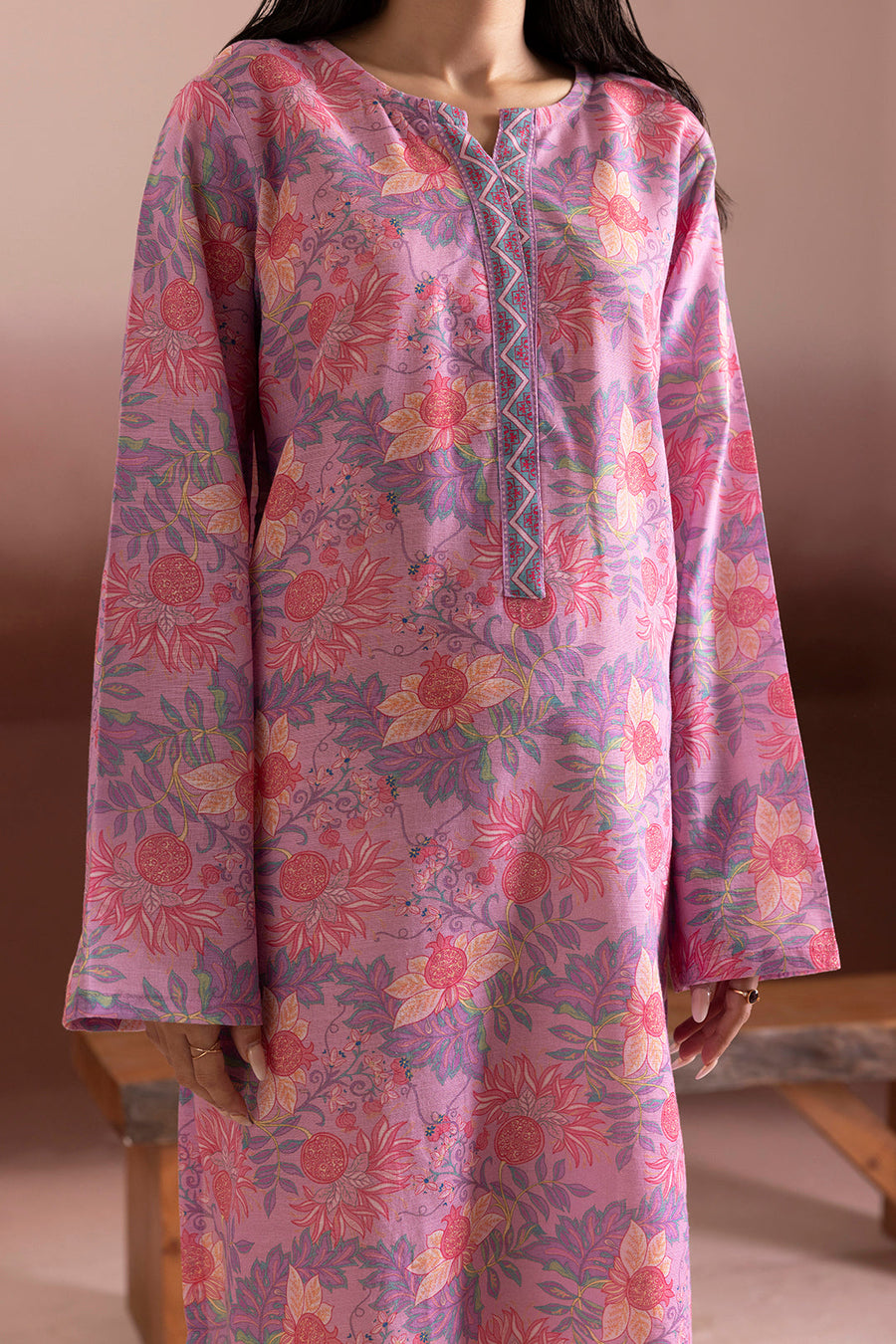 Tea Pink Khaddar 1-Piece Kurta | Floral Print