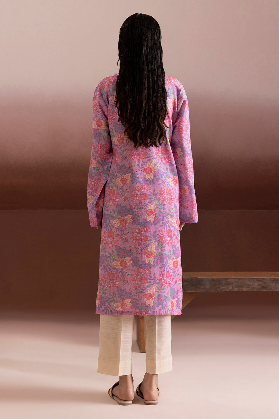 Tea Pink Khaddar 1-Piece Kurta | Floral Print