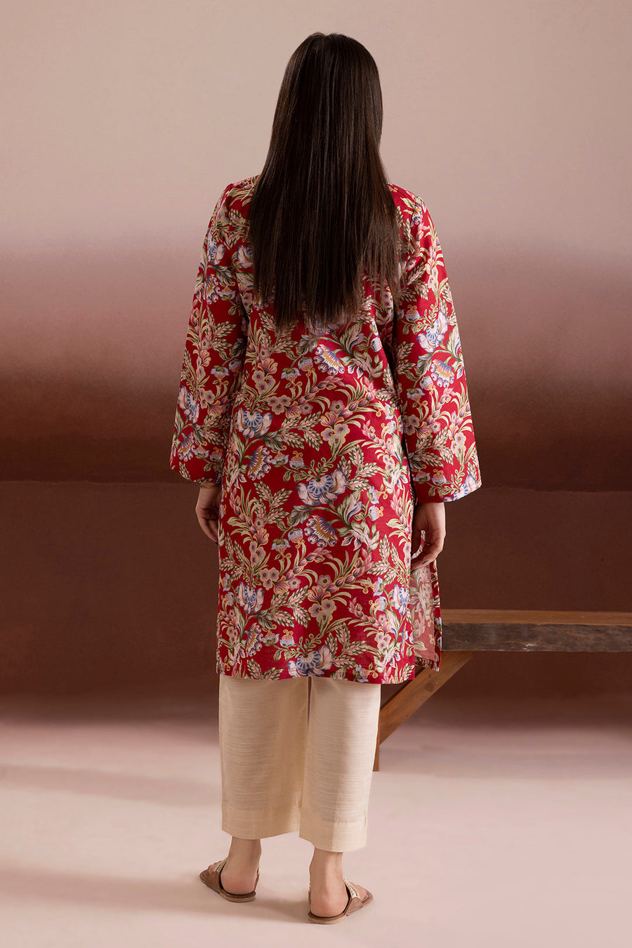 Burgundy Khaddar 1-Piece Kurta | Floral Jacquard Print