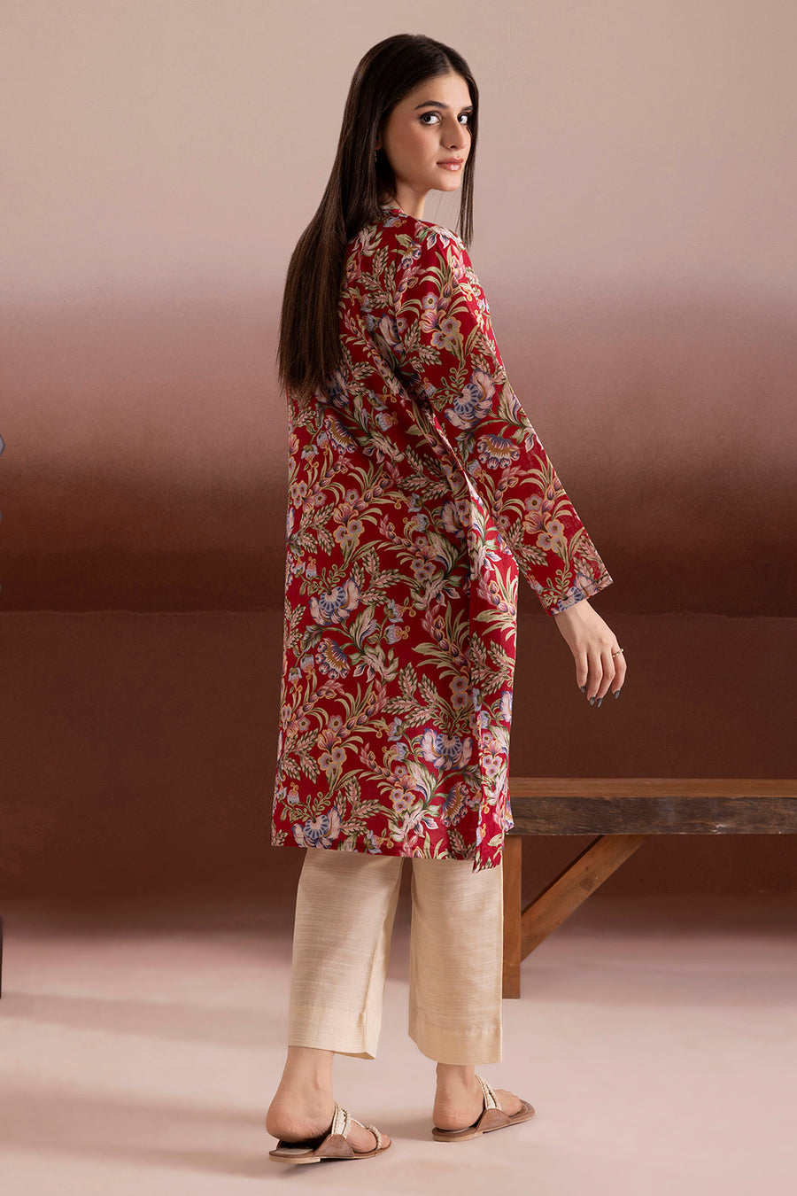 Burgundy Khaddar 1-Piece Kurta | Floral Jacquard Print