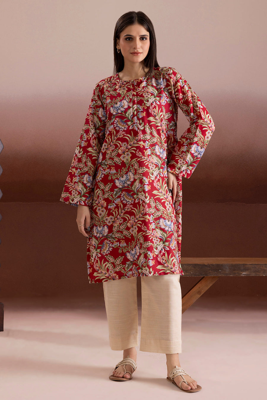 Burgundy Khaddar 1-Piece Kurta | Floral Jacquard Print