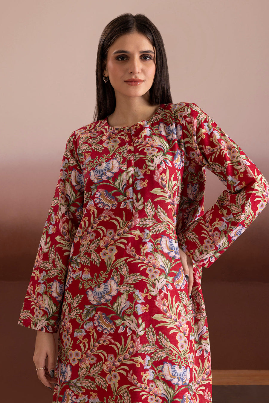 Burgundy Khaddar 1-Piece Kurta | Floral Jacquard Print