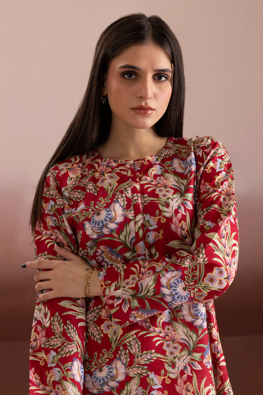 Burgundy Khaddar 1-Piece Kurta | Floral Jacquard Print