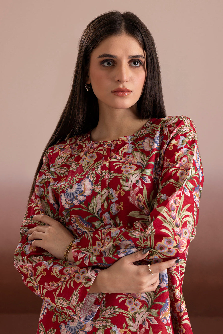Burgundy Khaddar 1-Piece Kurta | Floral Jacquard Print
