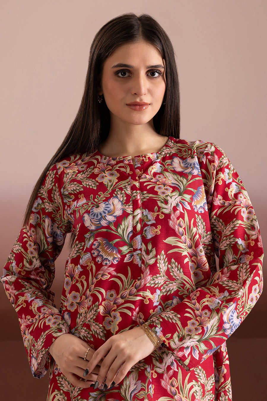 Burgundy Khaddar 1-Piece Kurta | Floral Jacquard Print