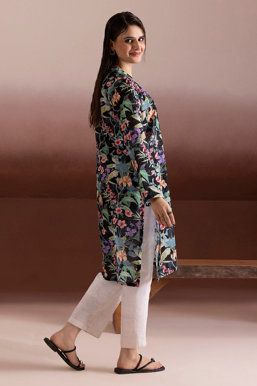 Black Floral Khaddar 1-Piece Kurta | Botanical Print
