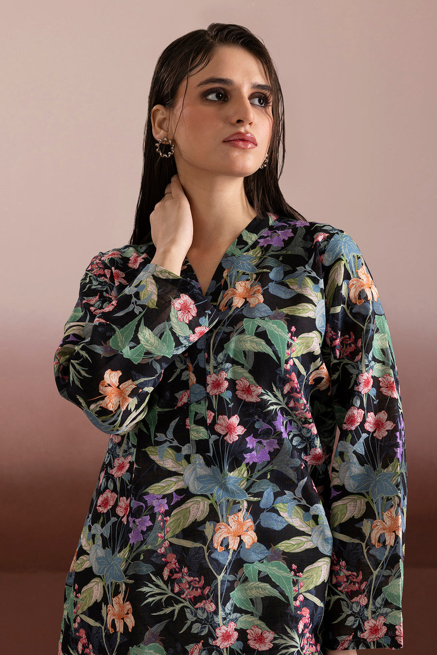 Black Floral Khaddar 1-Piece Kurta | Botanical Print