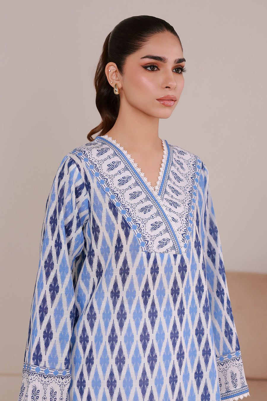 Slate Blue Khaddar 3-Piece Suit | Ikat Print with Resham Embroidery