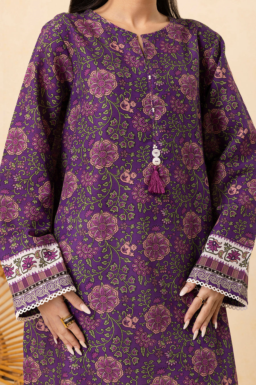 Plum Khaddar 2-Piece Kurta | Floral Print with Gota Patti Trim