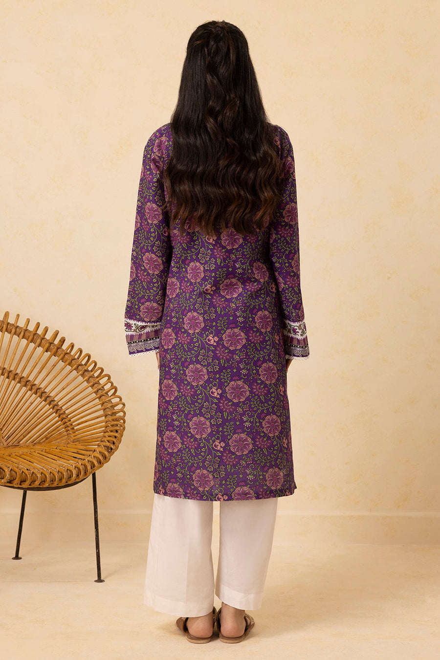 Plum Khaddar 2-Piece Kurta | Floral Print with Gota Patti Trim