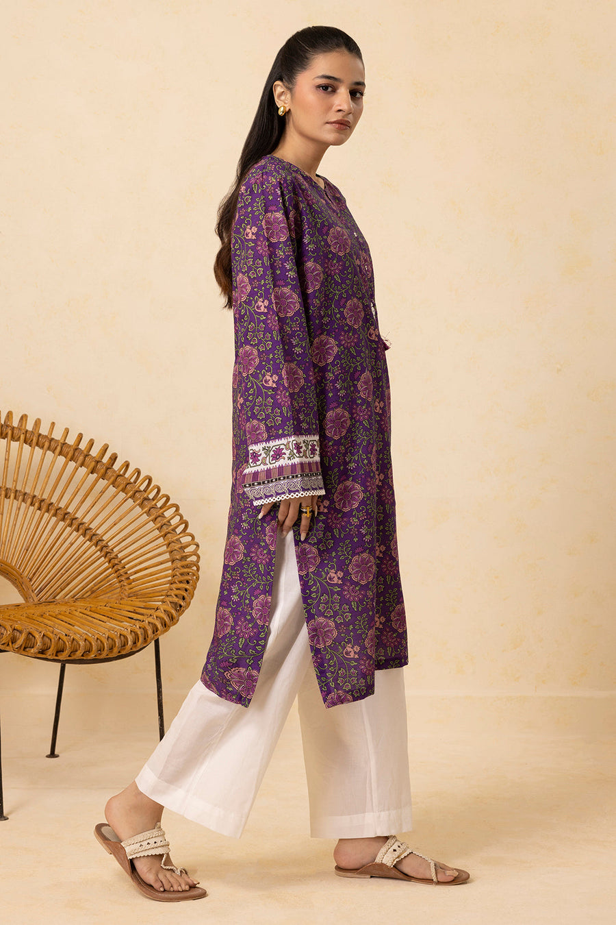Plum Khaddar 2-Piece Kurta | Floral Print with Gota Patti Trim