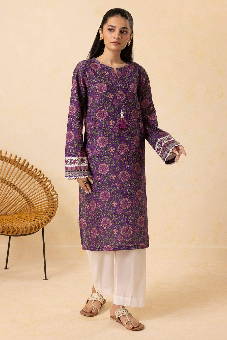 Plum Khaddar 2-Piece Kurta | Floral Print with Gota Patti Trim