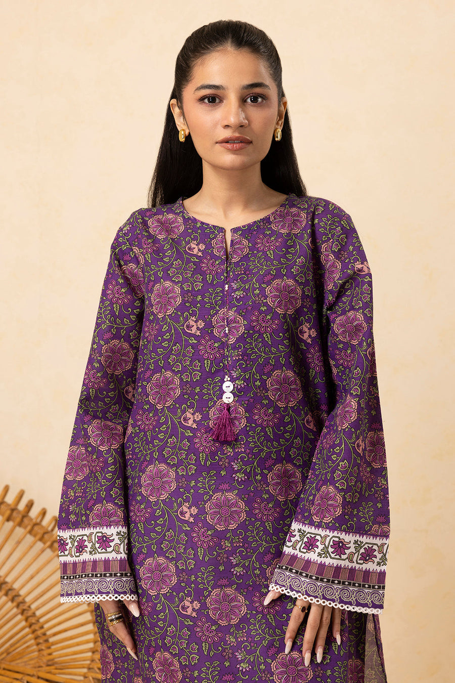 Plum Khaddar 2-Piece Kurta | Floral Print with Gota Patti Trim