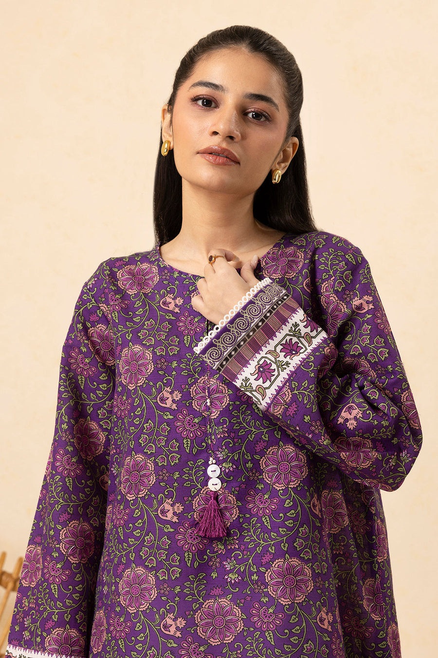 Plum Khaddar 2-Piece Kurta | Floral Print with Gota Patti Trim