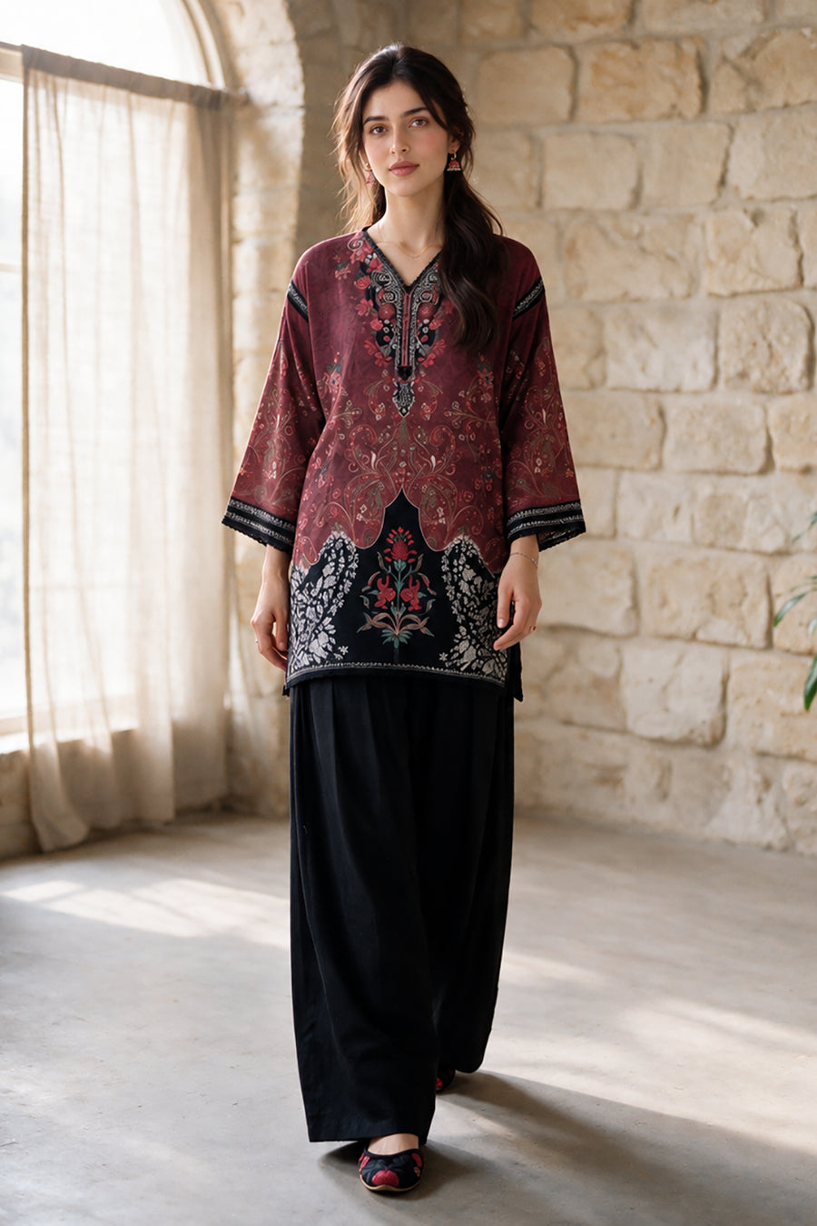 Maroon Floral & Paisley Printed Textured Khaddar Kurta | WPWQ111107