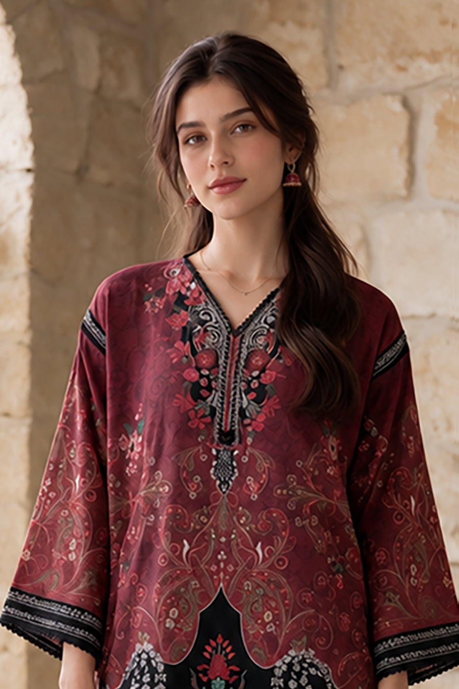 Maroon Floral & Paisley Printed Textured Khaddar Kurta | WPWQ111107