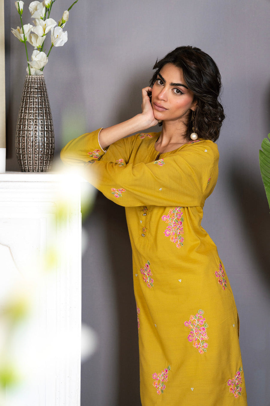 Mustard Raw Silk 2-Piece Suit | Resham Embroidery