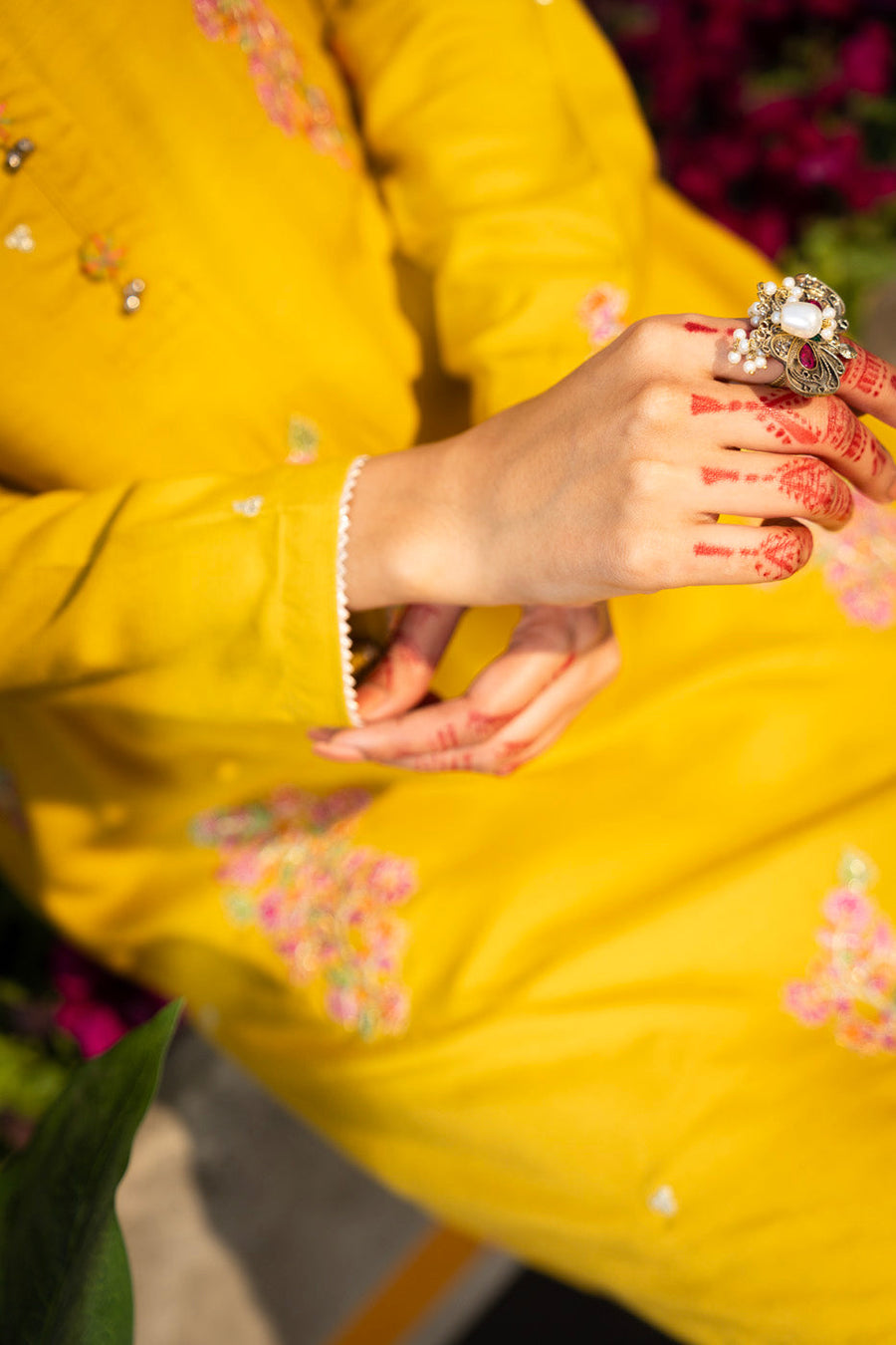 Mustard Raw Silk 2-Piece Suit | Resham Embroidery