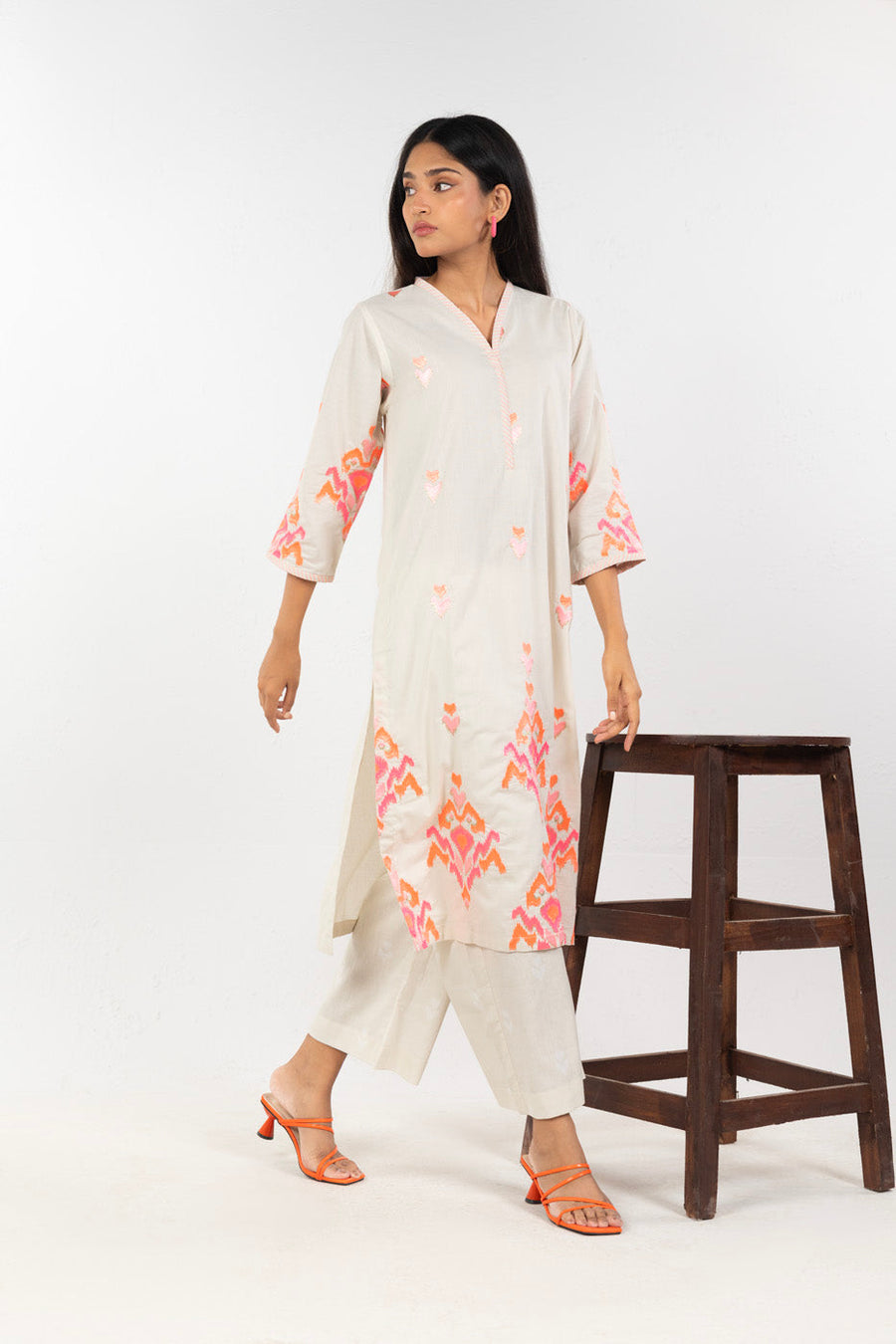Ivory Linen 2-Piece Culotte Set | Ikat Embroidery