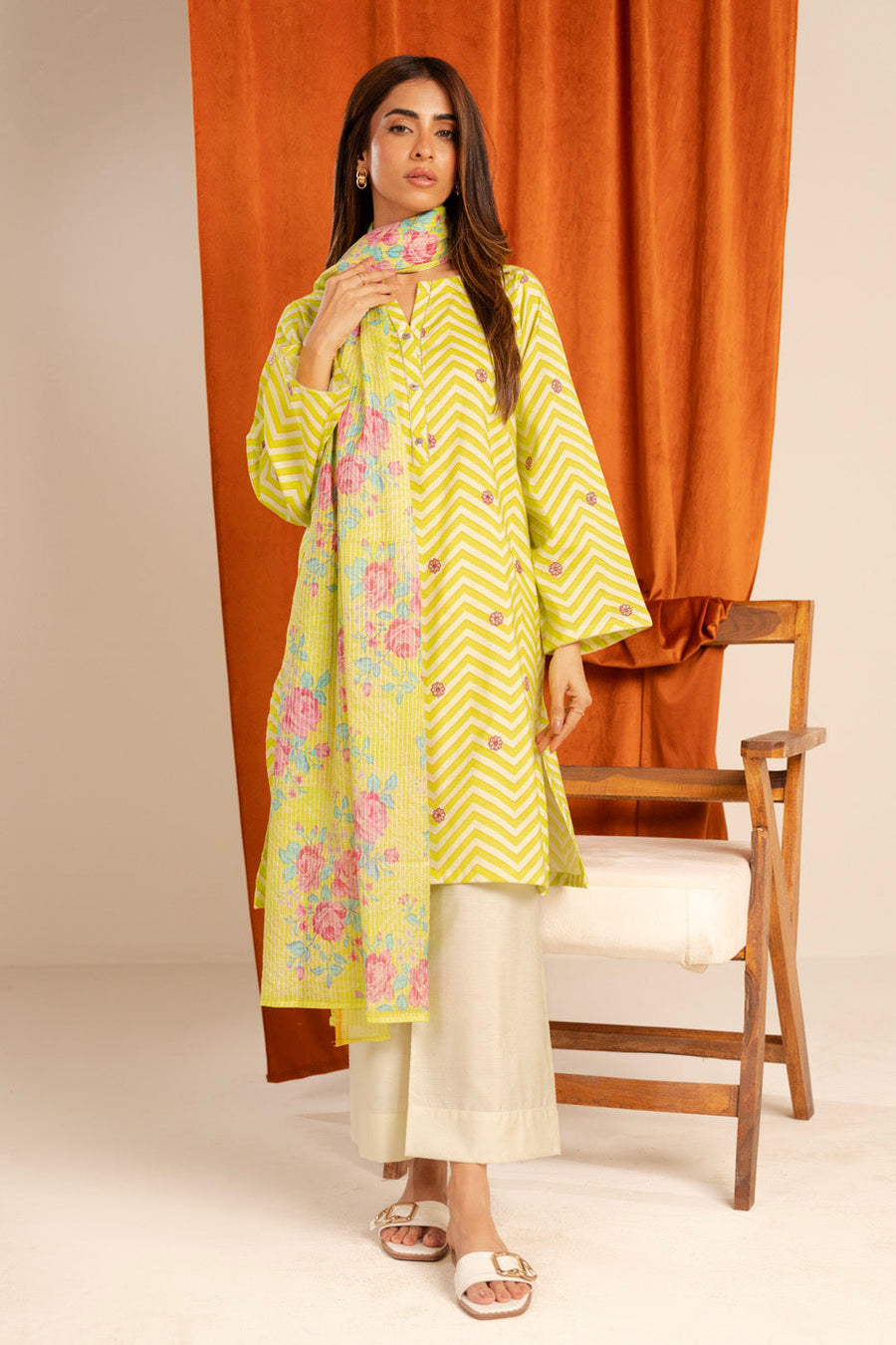 Chartreuse Cotton Silk 2-Piece Suit | Chevron & Floral