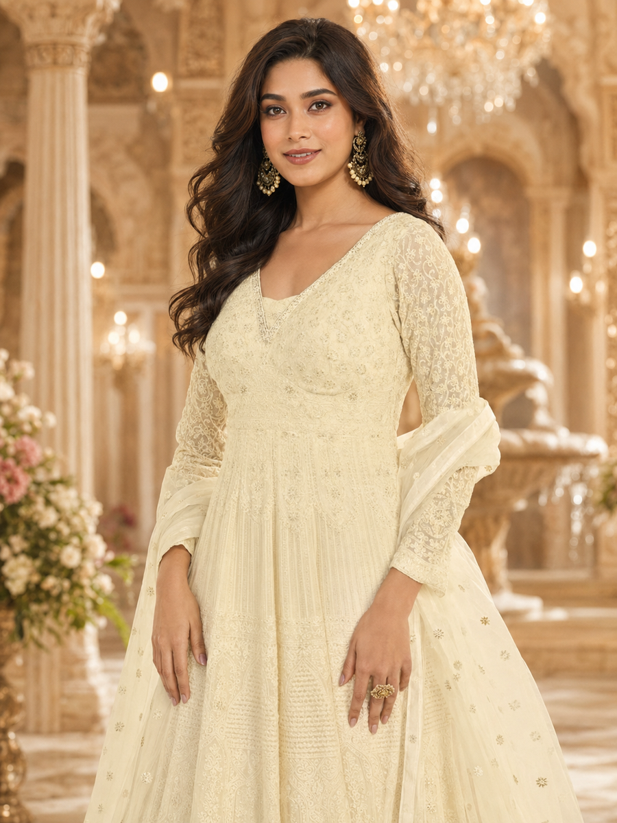 Royal Cream Lucknowi Chikankari Designer Gown with Embroidered Dupatta