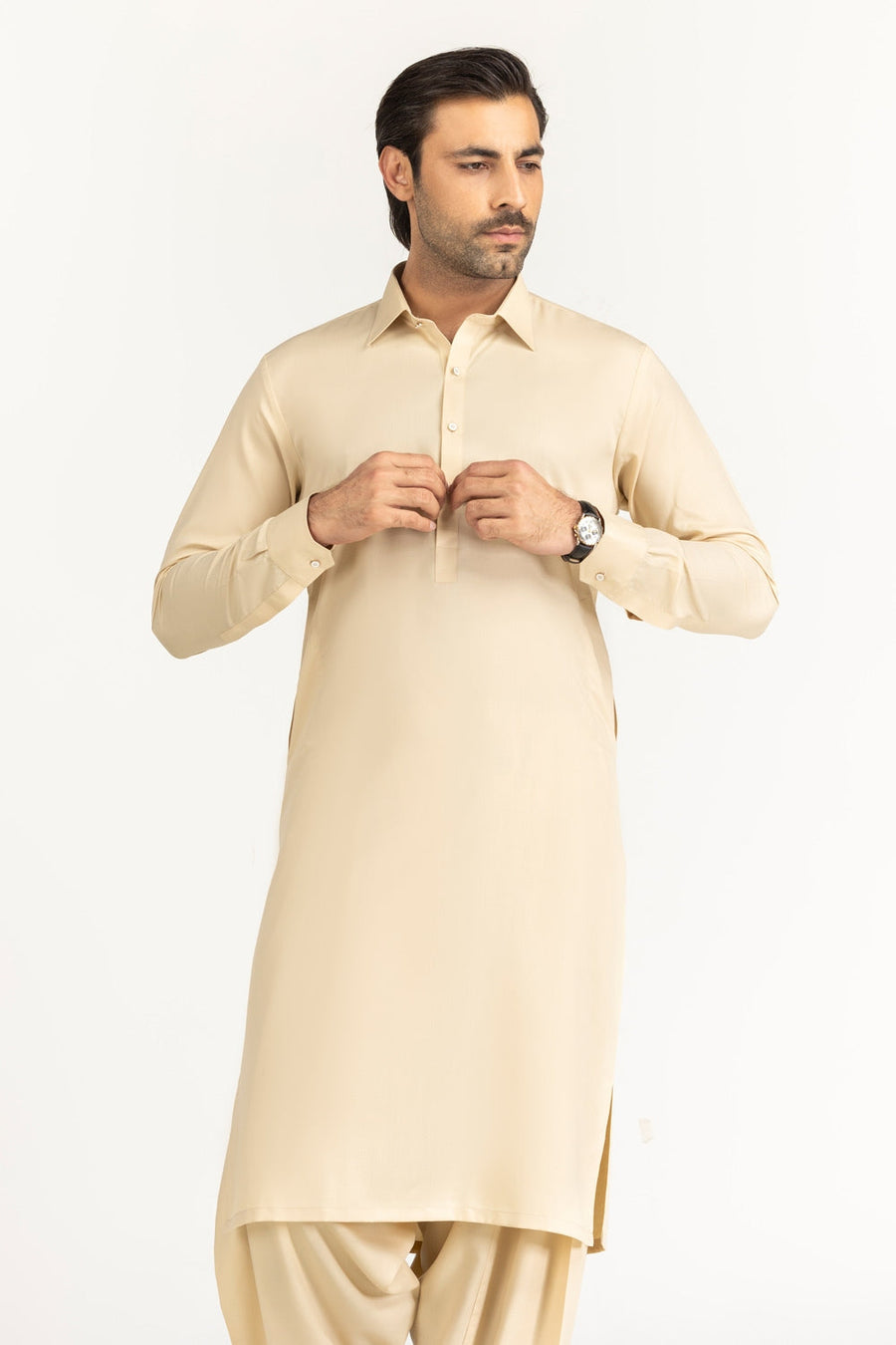 Off-White Cotton 2-Piece Kurta Set | Collar Placket