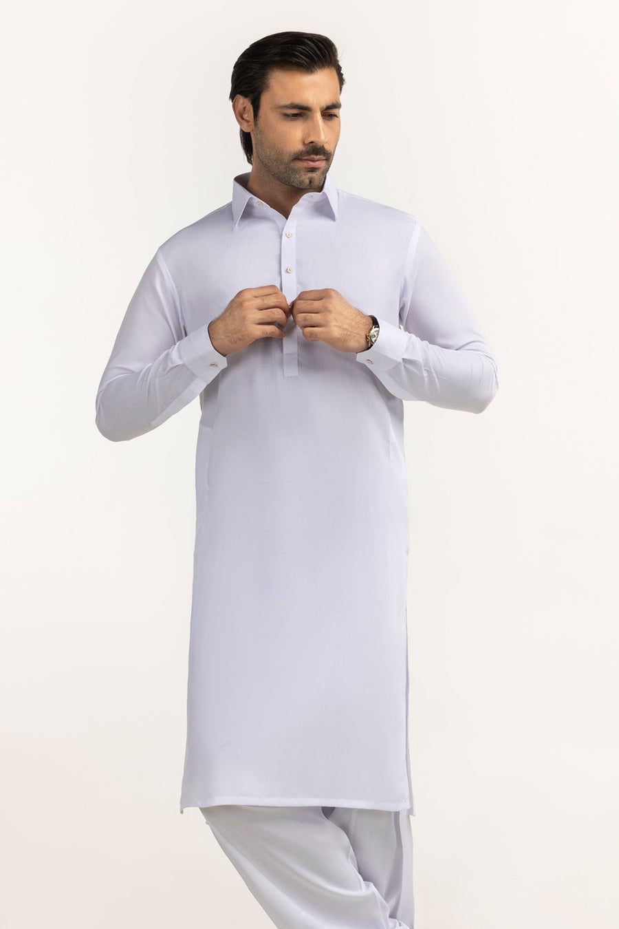 Off-White Cotton 2-Piece Kurta Set | Collar Placket