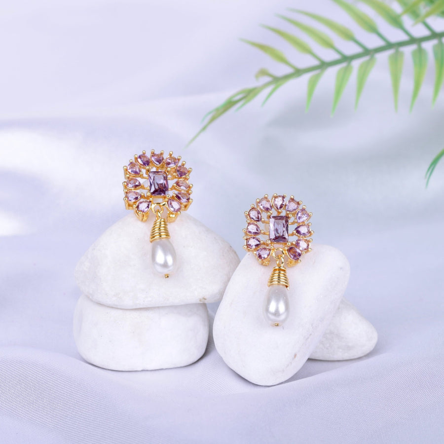 Amethyst Pearl Drop Earrings - 21k Gold Plated Gemstone Jewelry - Pehnaawaa