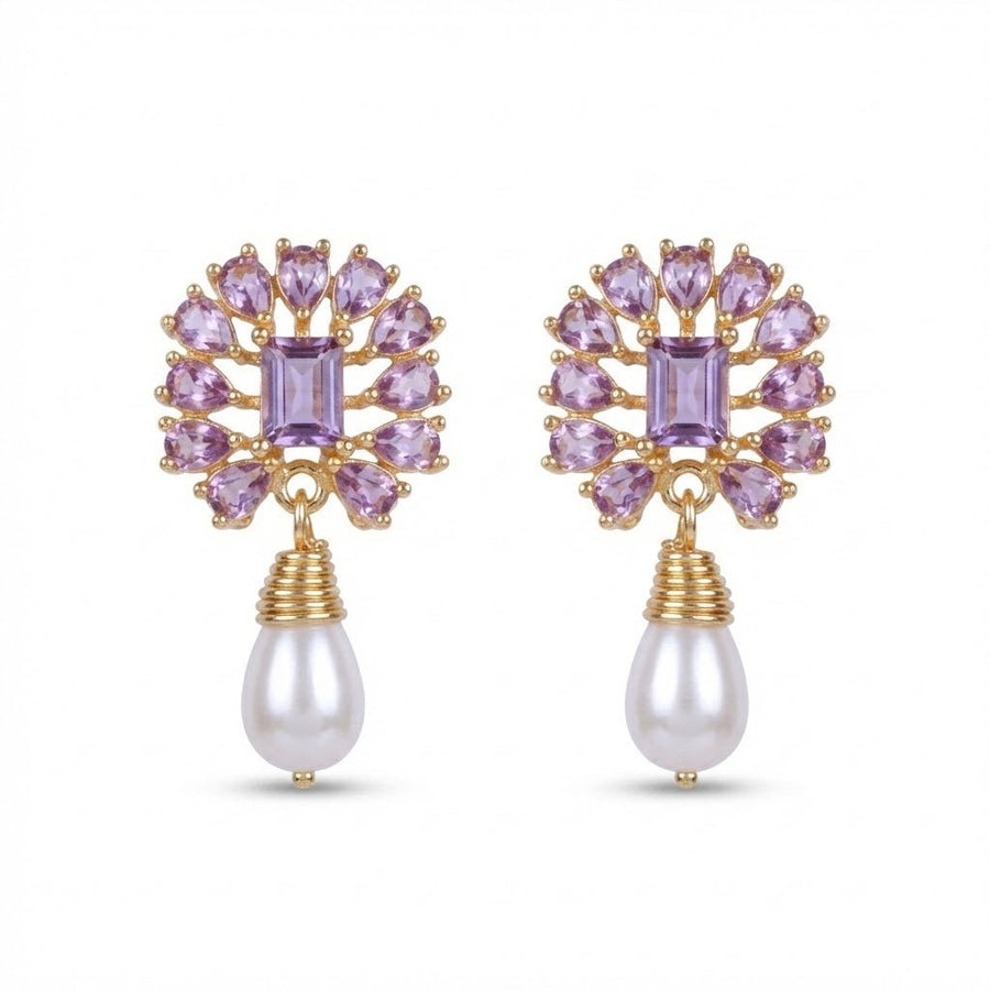 Amethyst Pearl Drop Earrings - 21k Gold Plated Gemstone Jewelry - Pehnaawaa