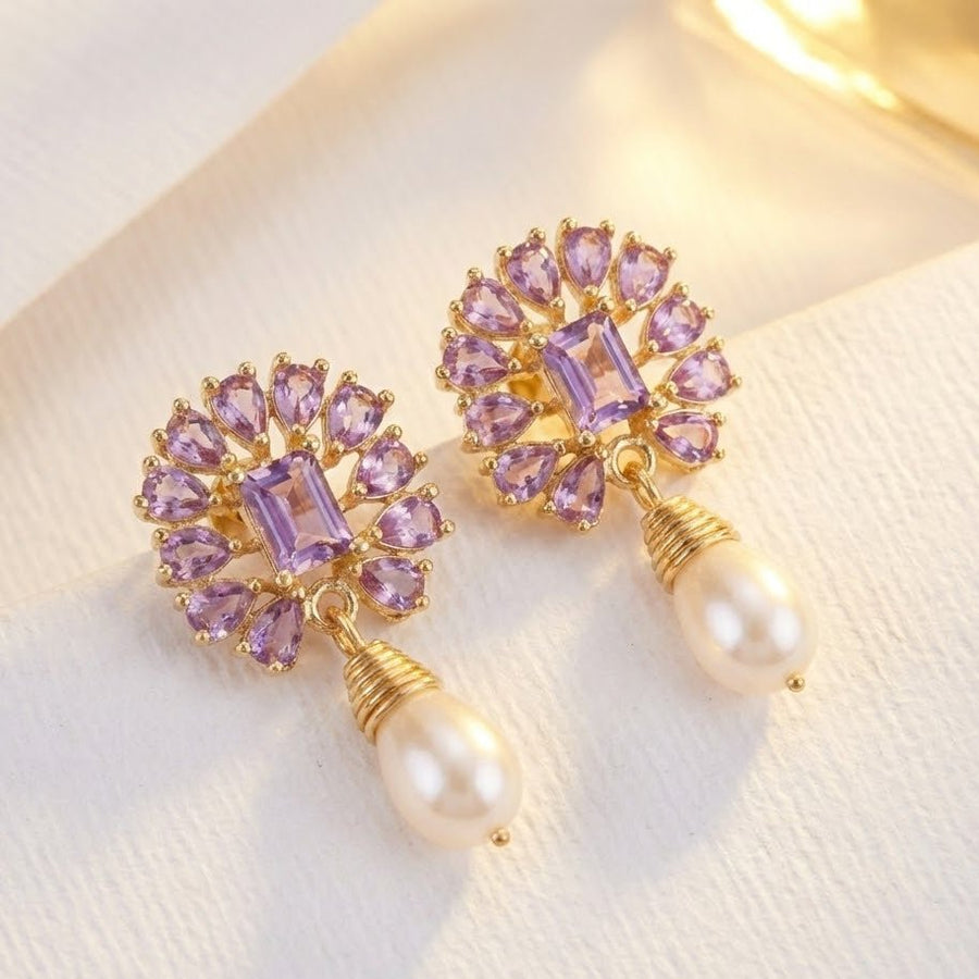Amethyst Pearl Drop Earrings - 21k Gold Plated Gemstone Jewelry - Pehnaawaa