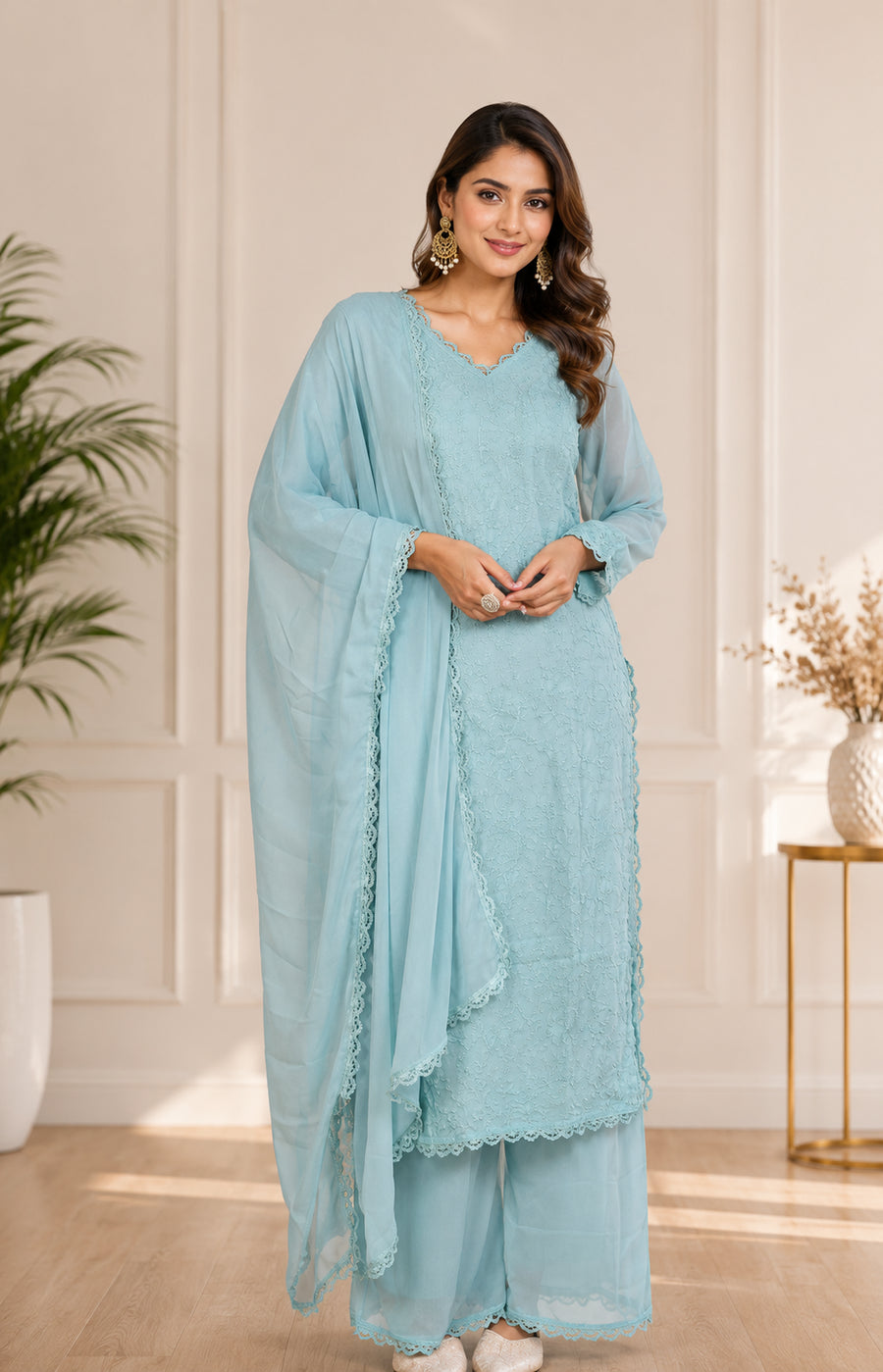 Aqua blue Chikankari georgette kurti set with dupatta