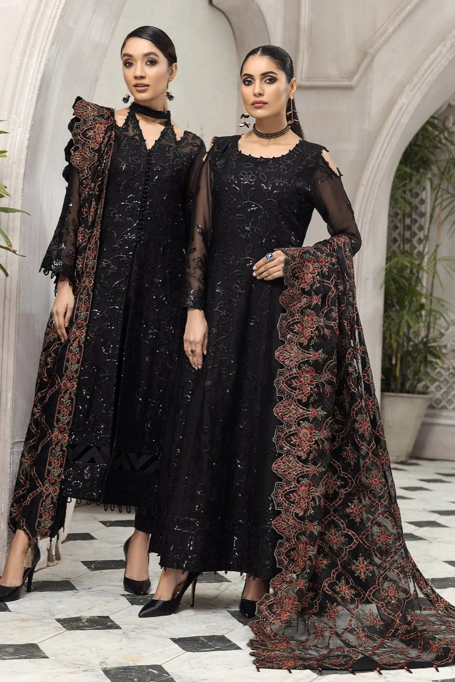 Arman Black Embroidered Chiffon Suit with Floral Organza Dupatta | Stitched & Unstitched