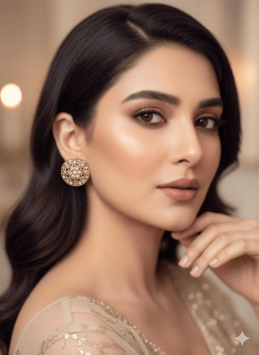Close-up portrait of a woman wearing round gold filigree stud earrings, showcasing the earrings’ sparkle and intricate design