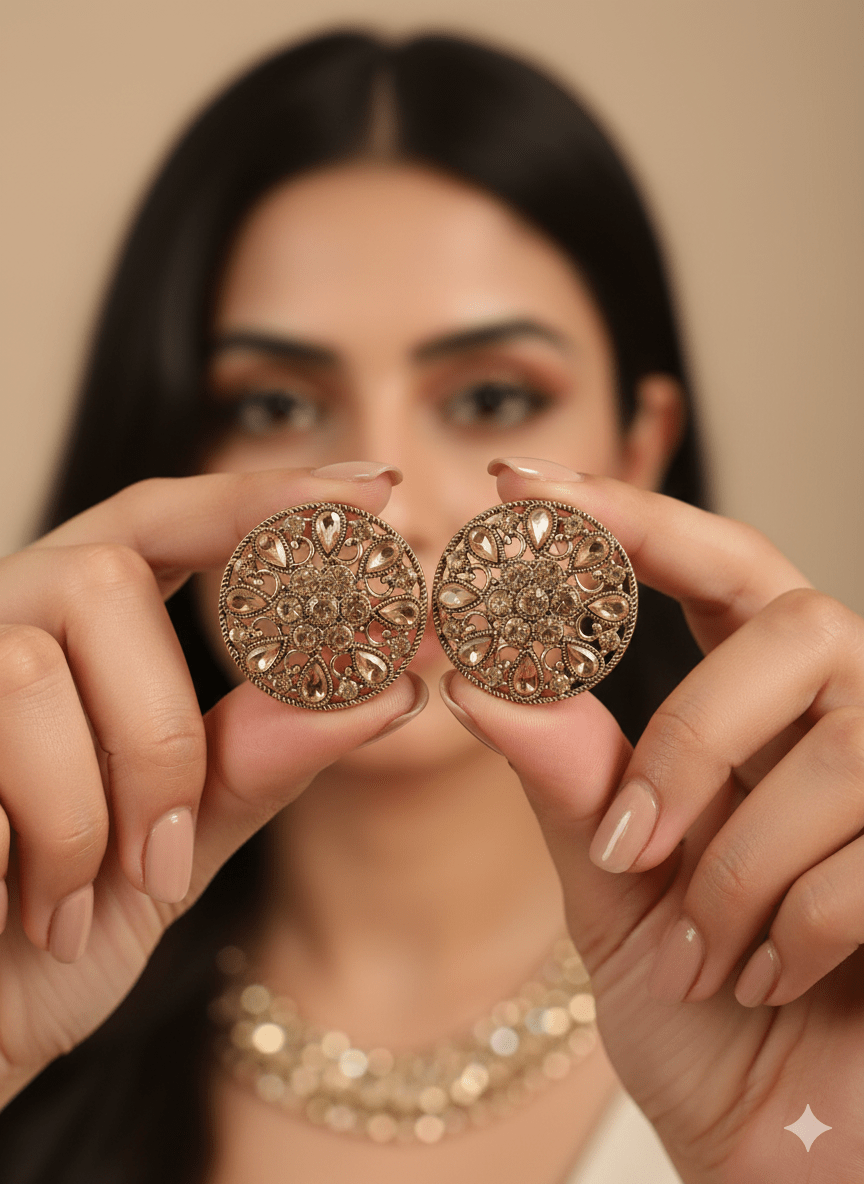 Woman holding a pair of round gold filigree stud earrings with crystal accents in front of her face