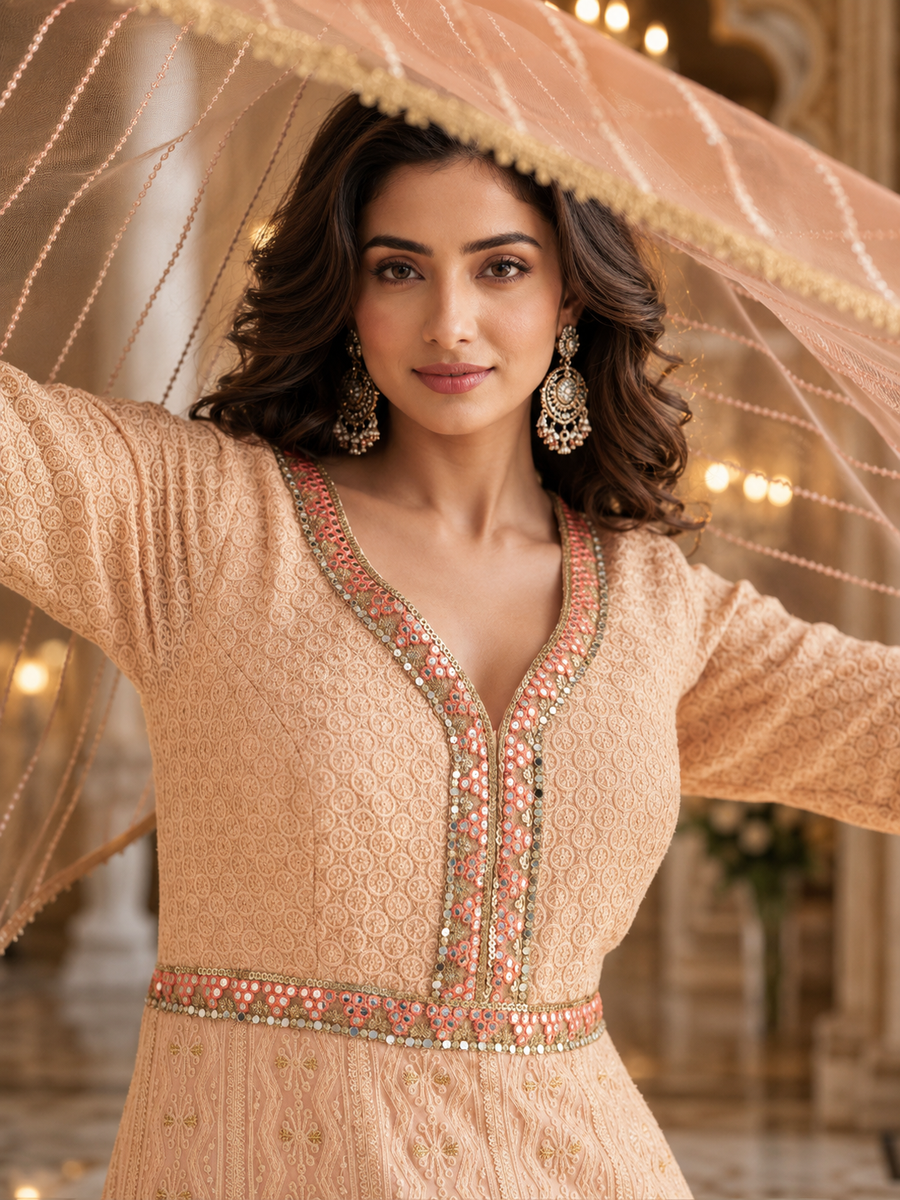 Peach Blossom Real Georgette Chikankari Anarkali Suit with Embroidered Dupatta