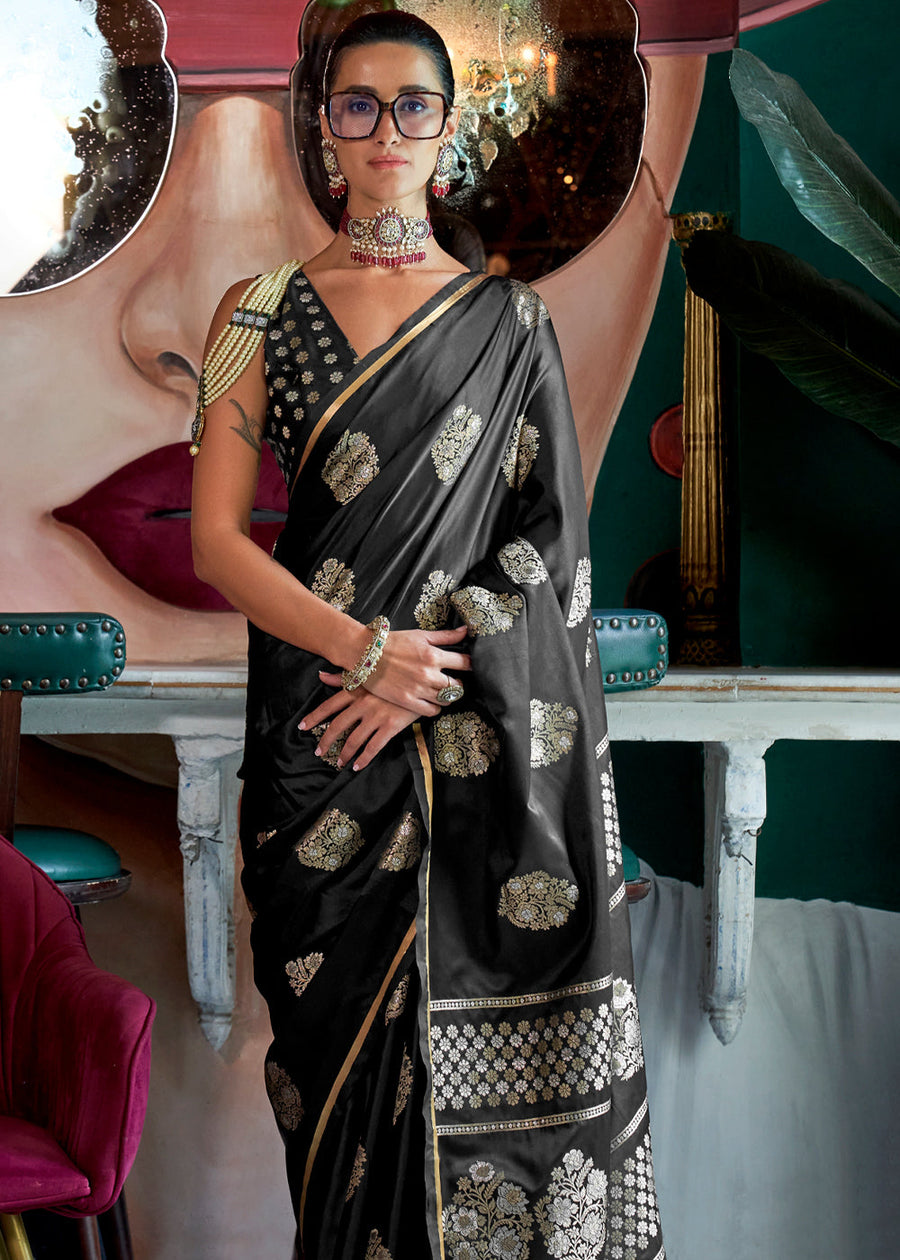 Black Glamorous Satin Silk Saree – Perfect for Cocktail & Dinner Parties