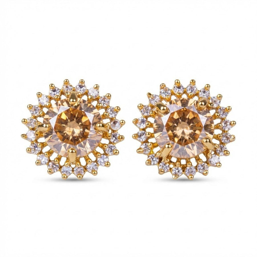 Champagne gemstone halo stud earrings with gold setting on white background