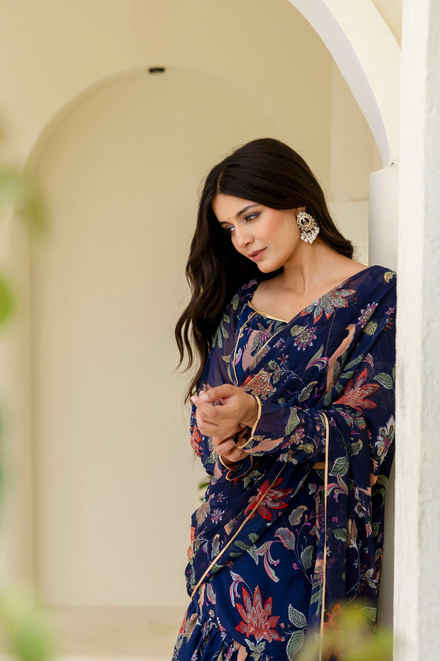 Blue Ready-to-Wear Georgette 3-Layer Ruffle Saree with Floral Digital Print & Lace Border Stitched Blouse Included