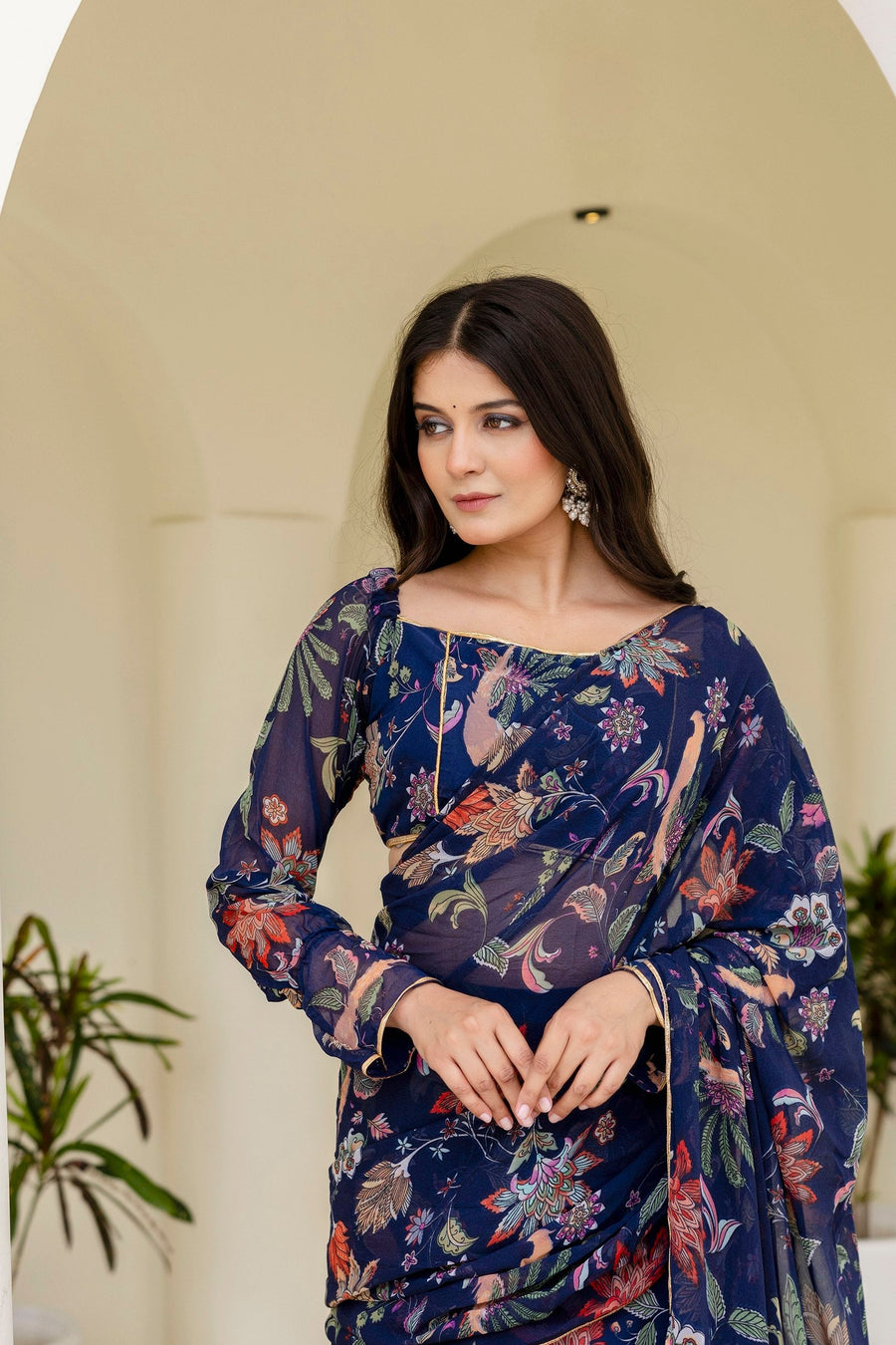 Blue Ready-to-Wear Georgette 3-Layer Ruffle Saree with Floral Digital Print & Lace Border Stitched Blouse Included