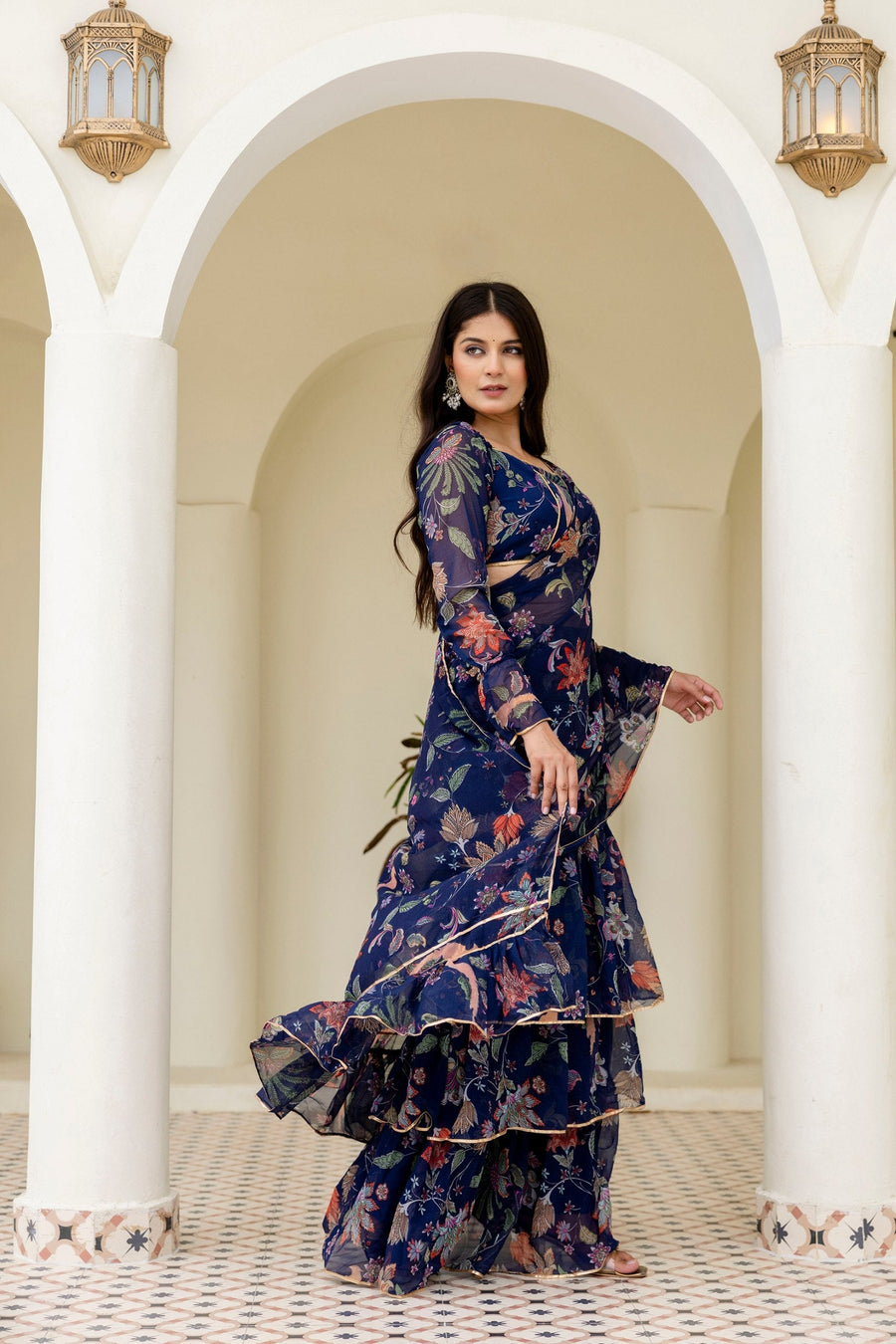 Blue Ready-to-Wear Georgette 3-Layer Ruffle Saree with Floral Digital Print & Lace Border Stitched Blouse Included